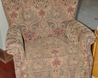 Great Fairfield Furniture Co. Paisley Lounge Chair with Rolled Arms  and Nail Head Design Upholstered in a Taupe, Maroon, Green and Dark Beige Pattern,  35" w x 35"d x 38"h