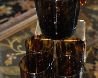 Vintage Tortoise Glass 5 Piece High Ball and Ice Bucket Set