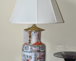 Vintage Hand Painted Chinese Porcelain Familial Rose Table Lamp/Urn with Gold Foo Dog Handles, 31.5"h
