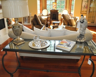 Wonderful Dark Brown Wrought Iron and Glass Sofa Table Shown with More Amazing Home Decor!