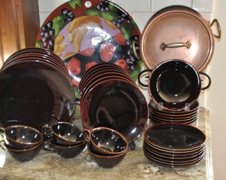 Calvin Klein "Luna Mahogany" 5 Piece Place Setting for 12 ( Missing one Dinner Plate) Shown with a Vintage Mauviel Copper 2 Piece Cookware and a17.5" Round  Droll Designs Serving Platter 