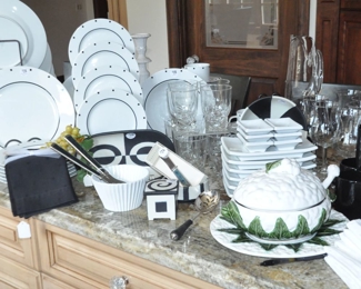 Part of the Black and White Sasaki Fine China, "Metropolis Black" Dinnerware Set Available Shown with White Porcelain Sushi/Soy Sauce Set,  a Vintage 4 Piece Majolica Soup Tureen with Ladle, and much more!  