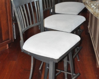 Set of 3 Antiqued Brown/Black/Copper Swivel Counter Height Bar Stools with Cream Upholstered Seat