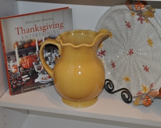 More Fitz and Floyd Thanksgiving Round Serving Platters (2) and a Mustard Color Ceramic Water Pitcher