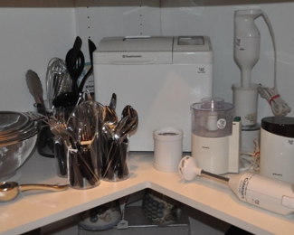 Toastmaster Bread Maker, Krups Mini Food Processor, Krups Coffee Grinder, Hamilton Beach Mixer and a Braun Hand Mixer
