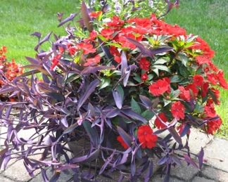 Faux Resin Planter 17" Diameter x 13"h with Planted Flowers 40" Diameter  x 32"h