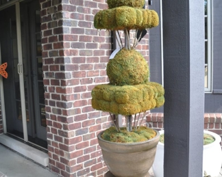 One of Two 3-TierHandmade Moss Topiaries in Brown Resin Planters. Designed by a Northern Michigan Artist. Sold as a Pair.  Pair of Pedestals sold Separately.