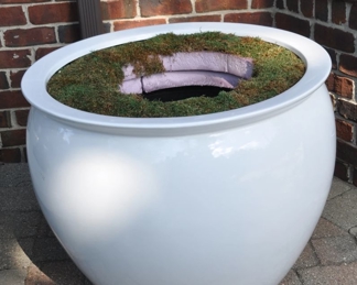 Outdoor White Fiberglass Planter (two available). 26”H x 30.5” W 