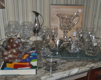 Fabulous Selection of Bar Ware Including a St. Louis, France Crystal Footed Pitcher, a Set of Three La Casa Silver Nut Bowls, a Simon Pearce Fluted 9" Bowl and a Set of 4 Vintage Mikasa Wine Goblets