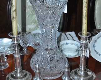 Spectacular American Brilliant Period 15.5" Vase Shown with a Pair of Adjustable Silver-plate Candle Holders and a Pair of Antique Sterling  Empire salt and pepper shakers 