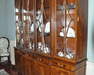 Maitland Smith Phenomenal Flame Mahogany China Cabinet  with 4 doors, 4 Drawers, 4 Glass doors and Adjustable Glass Shelves with Lighting, 80.5"w x 19.75"d x 96"h