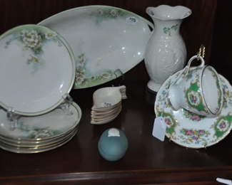 Vintage Hand Painted Hutschenreuther Bavaria Oval Serving Dish and Matching Appetizer Plates, Belleek Shamrock Vase and an Antique Oley Bone China Cup and Saucer, "Broadway" 