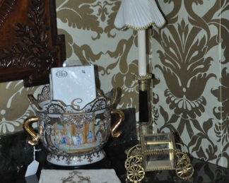 Wonderful Powder Room Decor Includes One of the Pair of Vintage Black Glass and Brass Petite Candlestick Table Lamps, a Vintage Gilt Bronze and Glass Trinket Box and a Vintage Chinese Porcelain Planter with Gilt Gold Handles
