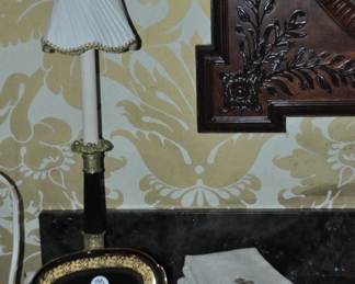 Antique RW Bavaria Black Porcelain 3 Piece Trinket Set Shown with the 2nd Petite Candlestick Lamp