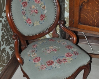 Antique French Needlepoint/Tapestry Victorian Style Parlor Arm Chair with Carved Mahogany and Nail Head Design, 22" w  x 20.5"d x 38"h. Seat height is 16"h