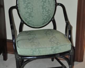 Vintage McGuire Black Lacquer Bamboo Oval Back Arm Chair with Detachable Seat Cushion, 22"w x 23"d x 37"h