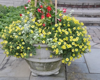 Large Limestone 28" Round Planter with 3 Feet on the Base, 20"h, Complete with Flowers, 52"h x 45"w
