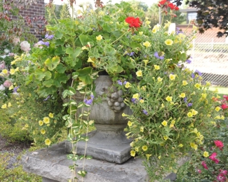 20" Limestone Grape Pedestal Planters 17"h (2 Available) with Flowers 42"  