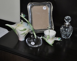 Gorgeous France Porcelain Tea Pot and Cup and Saucer, Shown with a Dioni Silver Framem Made in Italy and a Vintage Cut Crystal and Sterling Perfume Bottle