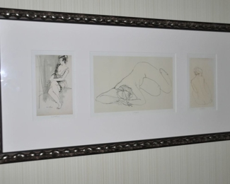 Three Sketches of Female Nudes by Israeli Artist Framed, 39.5" x 19.5"