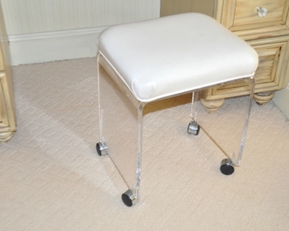 Vintage Clear Acrylic and White Leather-Like Cushion and Chrome Casters Vanity Stool