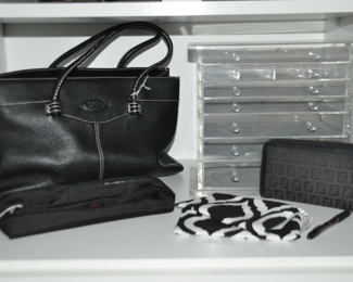 Tod’s Black Leather Handbag Shown with a Tumi Black Nylon Cosmetic Pouch, a Vintage Fendi Wallet Organizer and a 7-drawer Acrylic Jewelry Chest or Cosmetic Organizer with Removable Drawers