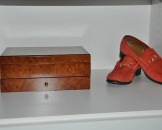 Vintage Gucci Loafers, Size 9 Shown With a Fantastic Burl and Brass One Drawer Jewelry Box