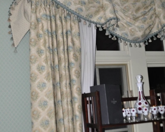 Custom Made Drapery Includes a Pair of 9' Panels and a 10.5' Balloon Valance in a Gorgeous Light Carmel/Smokey Blue and Mustard Colored Fabric 