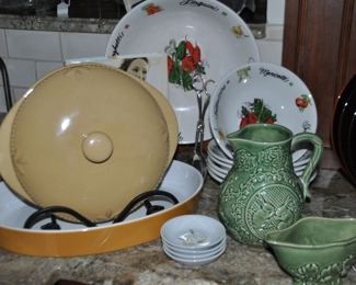 Bordello Pinneiro Portugal Green Bunny Pitcher and Gravy Boat Shown with a 7 Piece Pasta Bowl set and a 2.5qt Debby Segura for Signature  Covered Casserole 