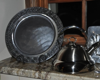 Stainless Tea Kettle Shown with a 14.25" Wilton Armetale Round Serving Platter