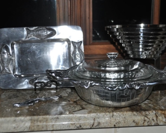 3 Piece Arthur Court Aluminum Covered Casserole shown with a Pewter Fish Tray and an Alessi Ribbed Serving Bowl