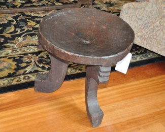 Hand Carved 3 Leg Ethiopian Wooden Stool, 17" Round x 17"h