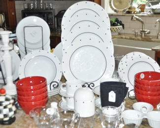 Sasaki Black and White “Metropolis” Dinnerware Shown with Red Bowls from Anthropology, a MacKenzie Child’s Sugar Bowl and Much More!