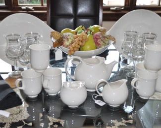 Fantastic Crate & Barrel, Royal Stafford For Eva Zeisel  Ivory Serving Platters, Footed Serving Bowl, Mugs, Teapot and Cream and Sugar