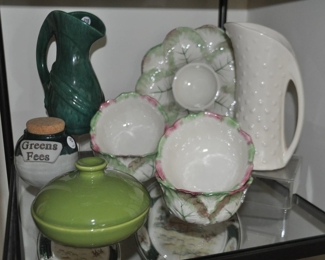 Green and Pink Pottery Barn Set of 4 Cabbage Bowls, a Matching Pottery Barn Cabbage Chip and Dip Set, a Vintage Gonder Pitcher, a Vintage McCoy Ivory Hobnail Pitcher and a Green Crate and  Barrel Tortilla Covered Dish