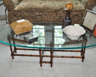 Vintage Oval Coffee Table with Heavy Beveled Glass Top and Faux Bamboo Base, 55"w x 16"h x 26"d