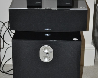 Energy Encore 8 Powered Subwoofer and Center Speaker.  Shown with Bose Bookshelf Adjustable Speakers.