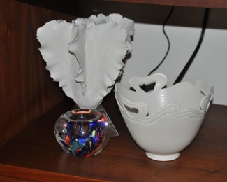 Lovely Artist Signed Vessels Shown with a Glass Paperweight 