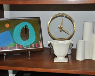 Wonderful Mid Century acrylic on Board “Lion” by Hofsoos Shown with a Mid Century Jefferson Golden Clock and Ivory Pottery