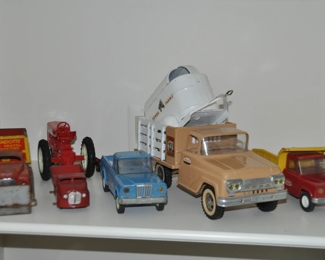 Vintage Wyandotte Sand Truck, Vintage Wyandotte  Small Red Dump Truck, Vintage Tonka Farms Stake Truck with Horse Trailer and Horses, Vintage Tonka Dump Truck and Vintage Tractor. C 1950's and 1960's