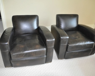 Wonderful Restoration Hardware Brown Leather Swivel Club Chairs, 33.5" w x 26.5h x 37"d