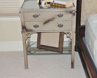 One in the Pair of Custom Painted Distressed Gold 2 Drawer, with Lower Glass Display Shelf, Thomas O'Brien Collection for Hickory Chair Nightstands, 24" w x 18" d x 30" h