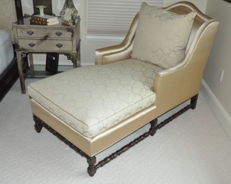 Stunning Fainting Couch/Chaise Upholstered in a Gold Toned Fabric and Gold Satin, 28.5"w x 39"h x 60"d 