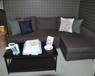 Ikea Friheten Sleeper Sectional Sofa with Additional Storage.  Creates a Queen Size Bed.  90" W x 60" D x 26" H.  Also Shown is a Wooden Coffee Table (38 1/4W x 21 1/2"W x 17 1/2"H) and Jute Rope End Table (17" Round)