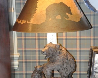 Fantastic Carved Wood "Bear and Cub" with Gold "Shadow" Lamp Shade H39" x W14" x D9" 