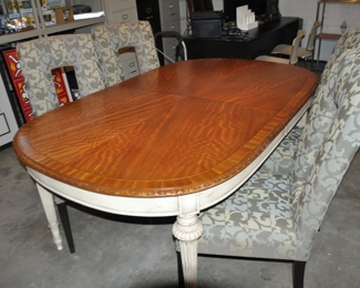 Terrific Vintage John Widdicomb Dining Table With 3 Leaves and Custom Pad Covers, Carved, Painted and with Walnut Burl Top