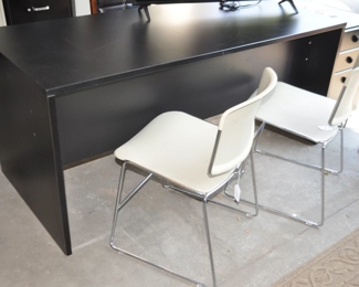 Workbench Black Desk Shown with Fabulous Steelcase Stackable White and Chrome Chairs