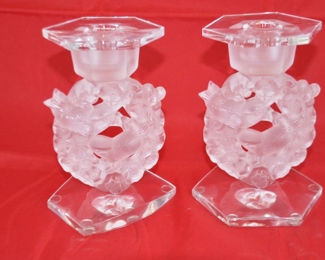 Spectacular Pair of Blown Molded Glass Candlesticks by Rene Lalique c. 1943