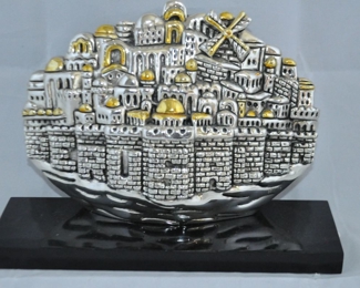 Vintage Hand Made Sterling Silver Sculpture of Jerusalem by H. Karshi, 9.25w x 2.75d x 6.75h