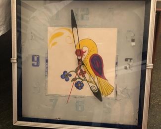 Hamilton Clock behind custom paint added, however, all the decals originally applied are flaking off.  Runs perfect, has bottom wind, two standard medium base bulbs illuminate at the 9 and 6 positions. 